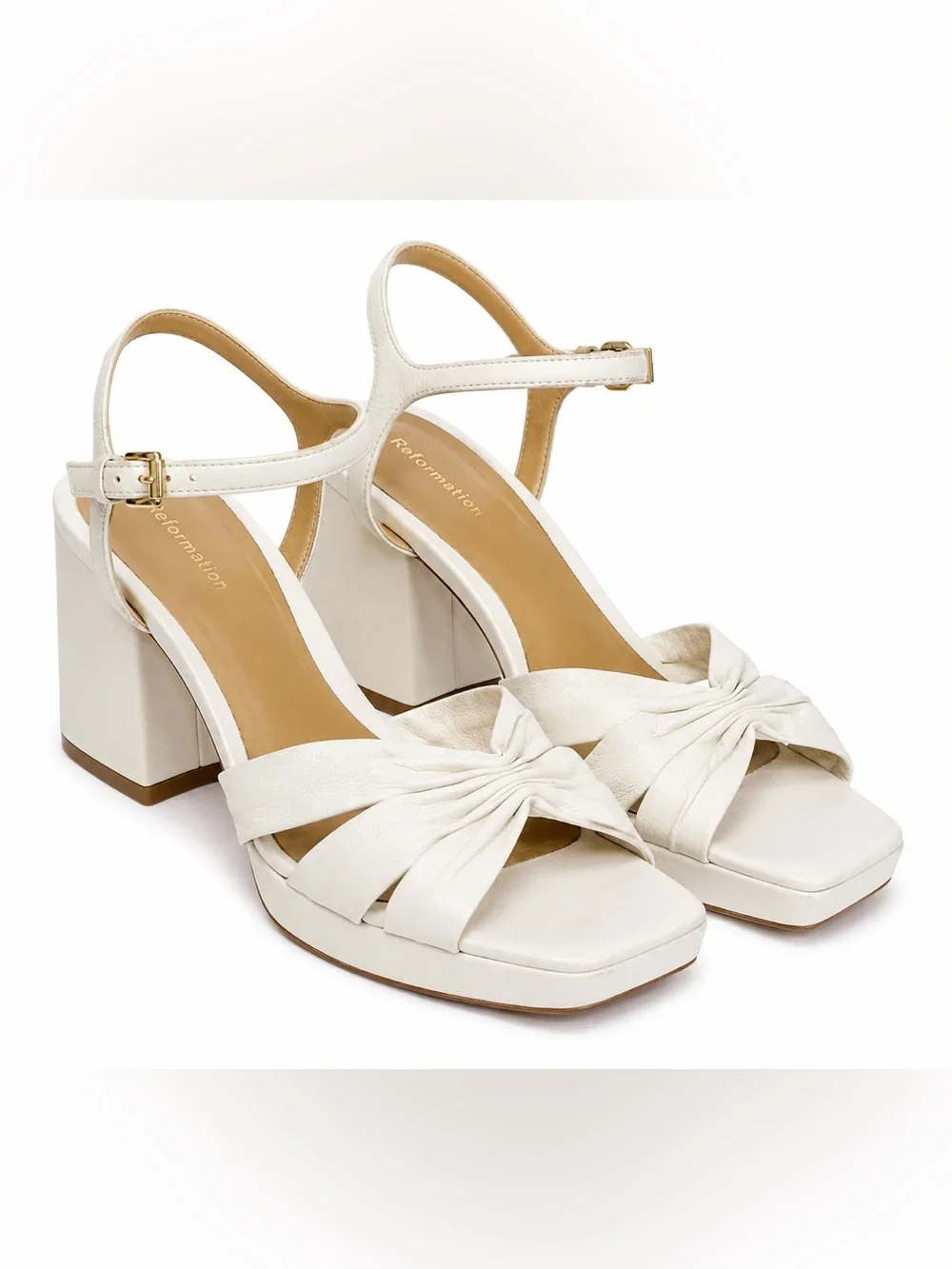 Reformation White Leather Bow Block Heel Platform Sandals Size 7